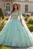 Light Green Beaded Floral Long Corset Princess Quinceanera Dress with Cape