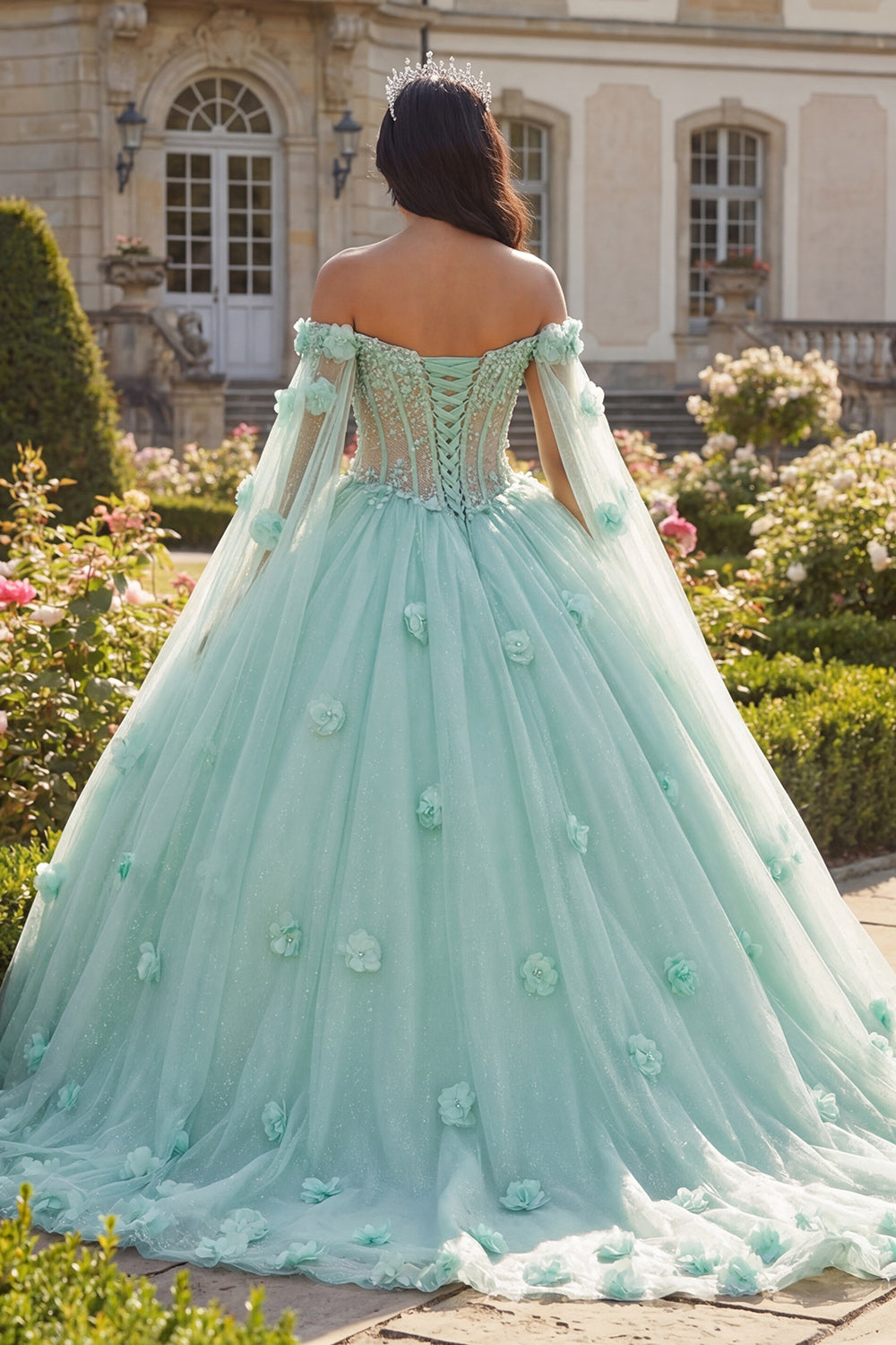Light Green Beaded Floral Long Corset Princess Quinceanera Dress with Cape