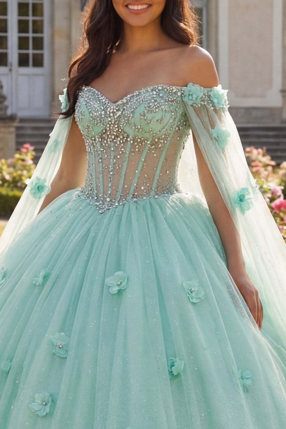 Light Green Beaded Floral Long Corset Princess Quinceanera Dress with Cape