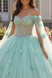 Light Green Beaded Floral Long Corset Princess Quinceanera Dress with Cape