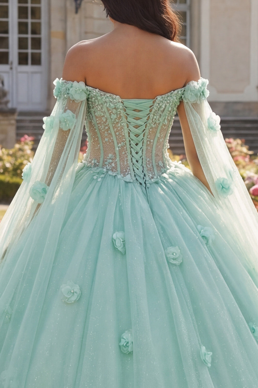 Light Green Beaded Floral Long Corset Princess Quinceanera Dress with Cape