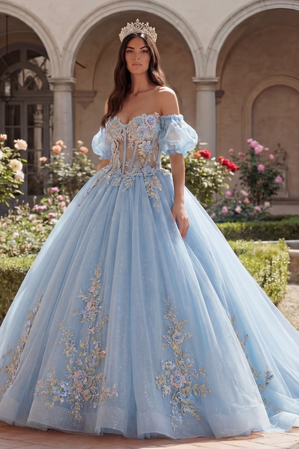 Long Puff Sleeves Sky Blue Floral Corset Glitter Princess Quinceanera Dress
