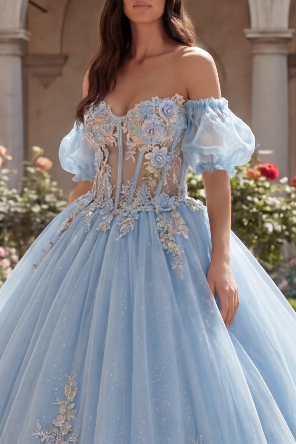 Long Puff Sleeves Sky Blue Floral Corset Glitter Princess Quinceanera Dress