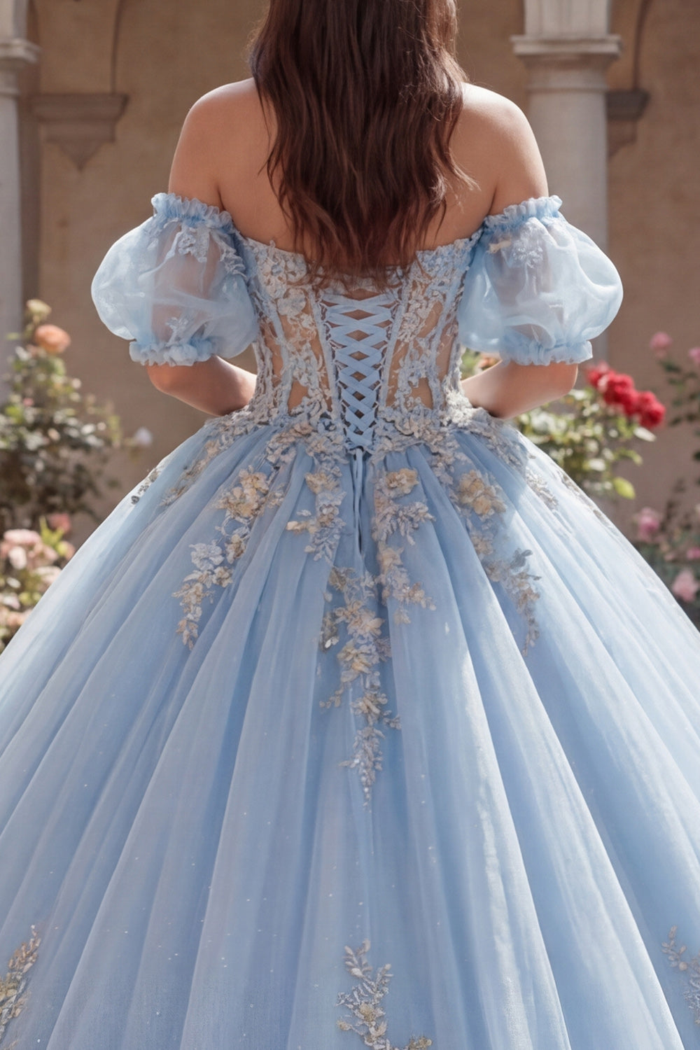 Long Puff Sleeves Sky Blue Floral Corset Glitter Princess Quinceanera Dress