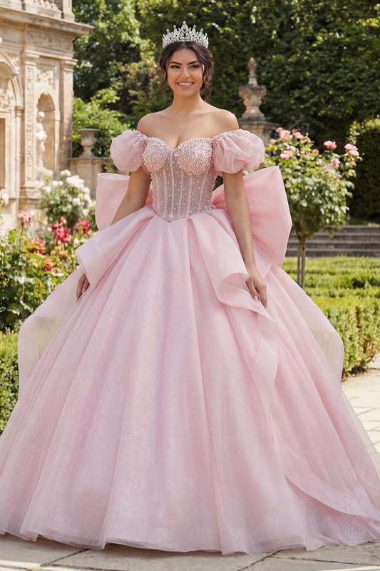 Pink Floral Long Corset Puff Sleeves Princess Ruffled Quinceanera Dress with Pearls