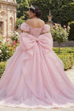 Pink Floral Long Corset Puff Sleeves Princess Ruffled Quinceanera Dress with Pearls