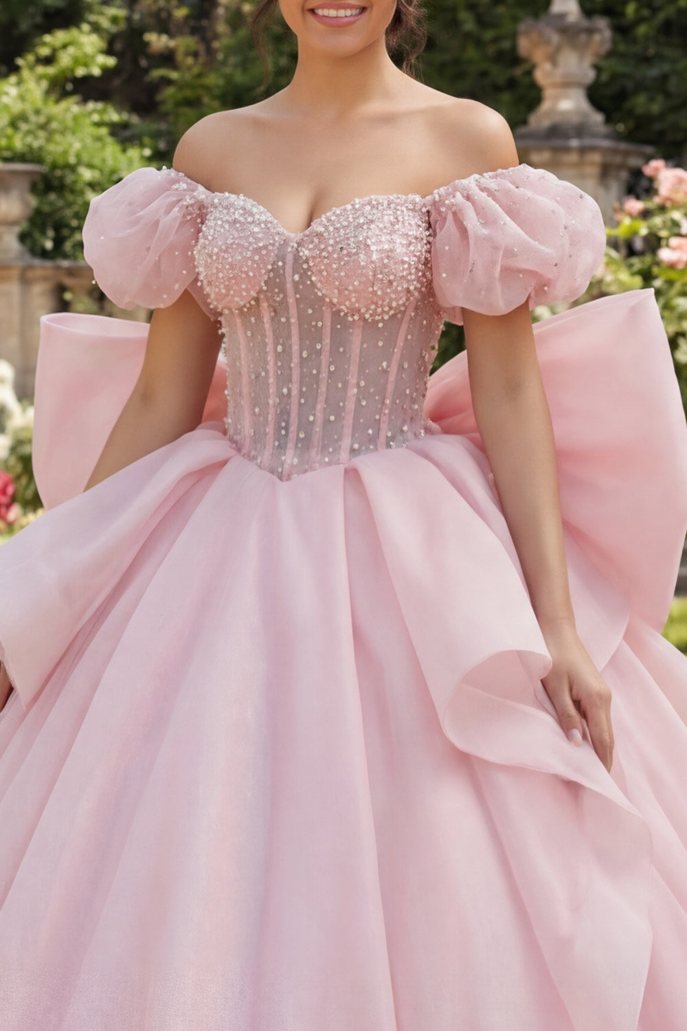 Pink Floral Long Corset Puff Sleeves Princess Ruffled Quinceanera Dress with Pearls