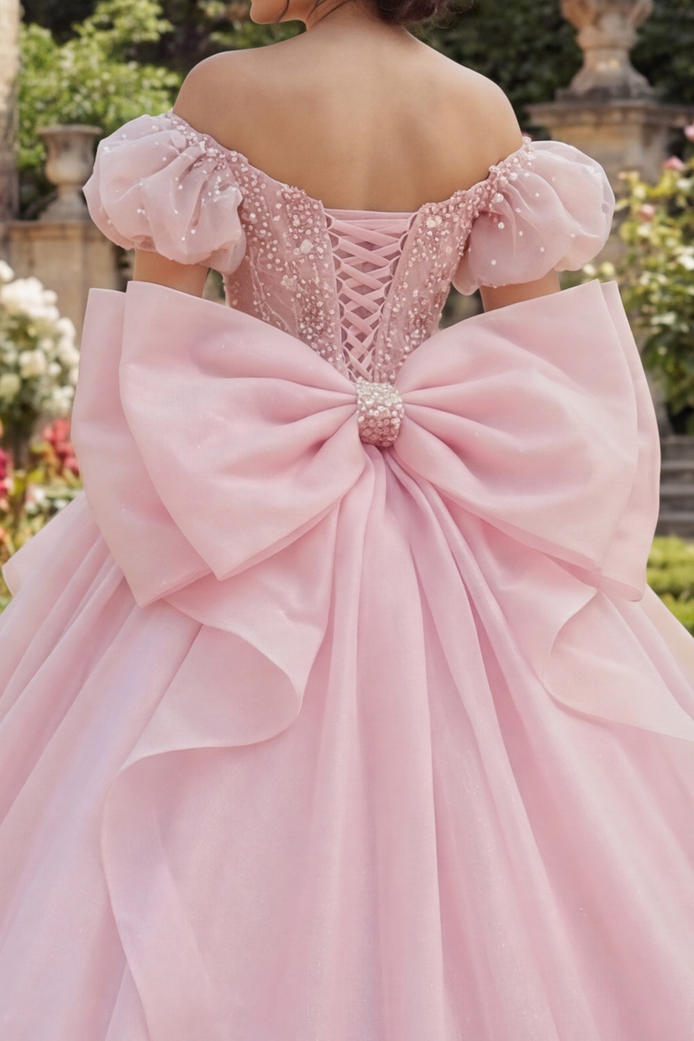 Pink Floral Long Corset Puff Sleeves Princess Ruffled Quinceanera Dress with Pearls