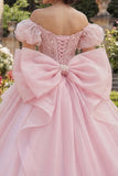 Pink Floral Long Corset Puff Sleeves Princess Ruffled Quinceanera Dress with Pearls