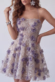 Sparkly Purple Beaded Floral Halter A Line Short Cocktail Dress