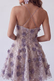 Sparkly Purple Beaded Floral Halter A Line Short Cocktail Dress