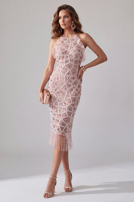 Sparkly Blush Bodycon Ruffled Beaded Short Halter Cocktail Dress with Fringes