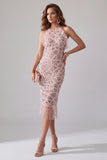 Sparkly Blush Bodycon Ruffled Beaded Short Halter Cocktail Dress with Fringes