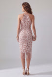 Sparkly Blush Bodycon Ruffled Beaded Short Halter Cocktail Dress with Fringes