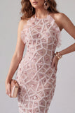 Sparkly Blush Bodycon Ruffled Beaded Short Halter Cocktail Dress with Fringes