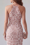 Sparkly Blush Bodycon Ruffled Beaded Short Halter Cocktail Dress with Fringes
