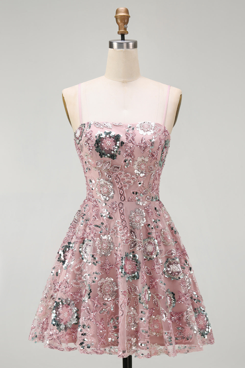 Sparkly Blush A Line Spaghetti Straps Floral Beaded Short Cocktail Dress