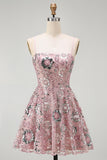 Sparkly Blush A Line Spaghetti Straps Floral Beaded Short Cocktail Dress