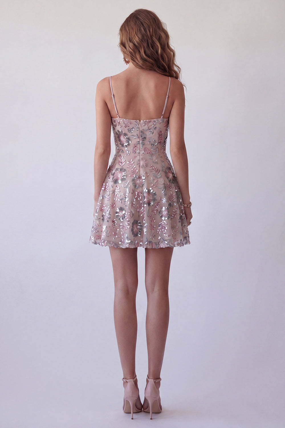 Sparkly Blush A Line Spaghetti Straps Floral Beaded Short Cocktail Dress