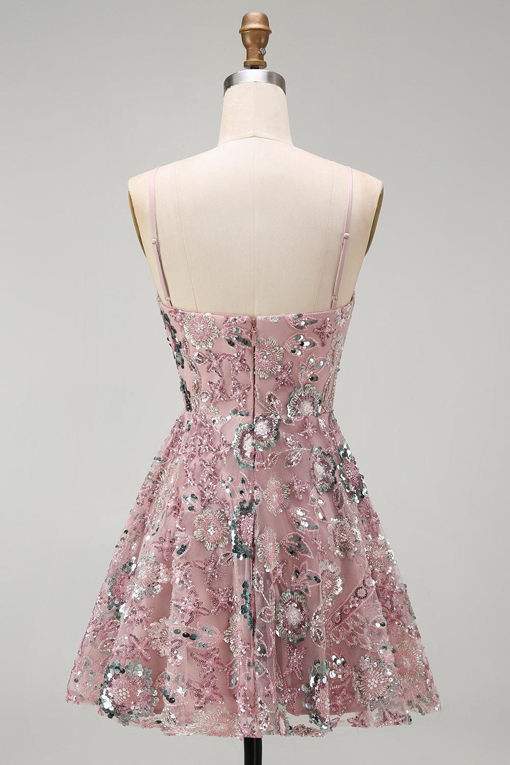 Sparkly Blush A Line Spaghetti Straps Floral Beaded Short Cocktail Dress