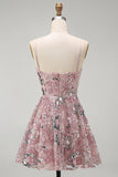 Sparkly Blush A Line Spaghetti Straps Floral Beaded Short Cocktail Dress