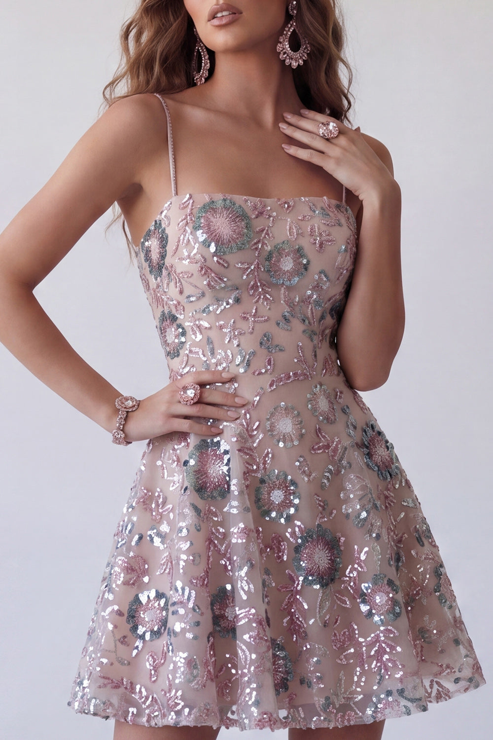 Sparkly Blush A Line Spaghetti Straps Floral Beaded Short Cocktail Dress