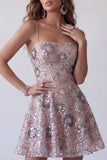 Sparkly Blush A Line Spaghetti Straps Floral Beaded Short Cocktail Dress