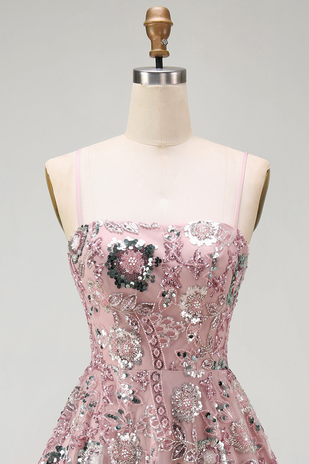 Sparkly Blush A Line Spaghetti Straps Floral Beaded Short Cocktail Dress
