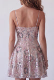 Sparkly Blush A Line Spaghetti Straps Floral Beaded Short Cocktail Dress