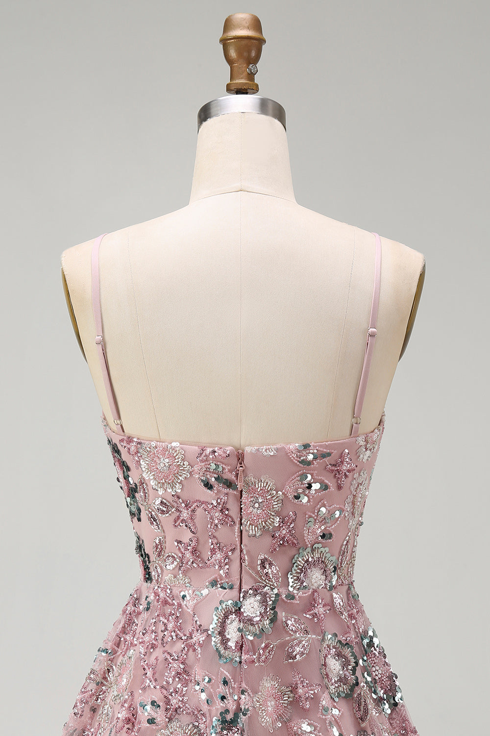 Sparkly Blush A Line Spaghetti Straps Floral Beaded Short Cocktail Dress
