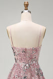 Sparkly Blush A Line Spaghetti Straps Floral Beaded Short Cocktail Dress