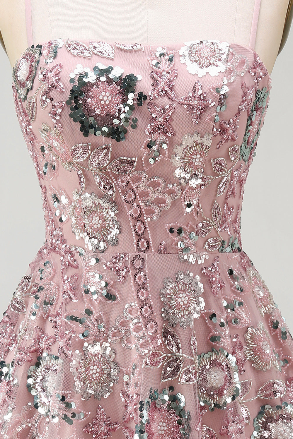 Sparkly Blush A Line Spaghetti Straps Floral Beaded Short Cocktail Dress
