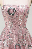 Sparkly Blush A Line Spaghetti Straps Floral Beaded Short Cocktail Dress