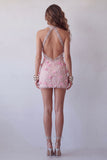 Sparkly Pink Halter Floral Beaded Tight Short Open Back Cocktail Dress