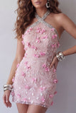 Sparkly Pink Halter Floral Beaded Tight Short Open Back Cocktail Dress