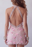 Sparkly Pink Halter Floral Beaded Tight Short Open Back Cocktail Dress