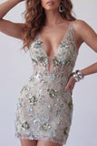 Sparkly Dusty Sage V-Neck Floral Tight Short Beaded Corset Cocktail Dress