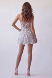 Sparkly Silver Corset A Line Spaghetti Straps Floral Beaded Short Cocktail Dress