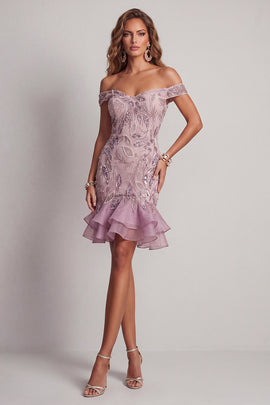Off the Shoulder Sparkly Lilac Beaded Short Cocktail Dress with Ruffles