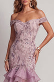 Off the Shoulder Sparkly Lilac Beaded Short Cocktail Dress with Ruffles