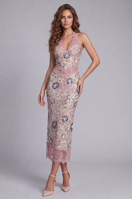 Sparkly Blush Sheath Beaded Maxi Halter Floral Cocktail Dress with Lace