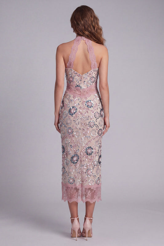 Sparkly Blush Sheath Beaded Maxi Halter Floral Cocktail Dress with Lace