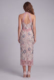 Sparkly Blush Sheath Beaded Maxi Halter Floral Cocktail Dress with Lace