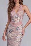 Sparkly Blush Sheath Beaded Maxi Halter Floral Cocktail Dress with Lace