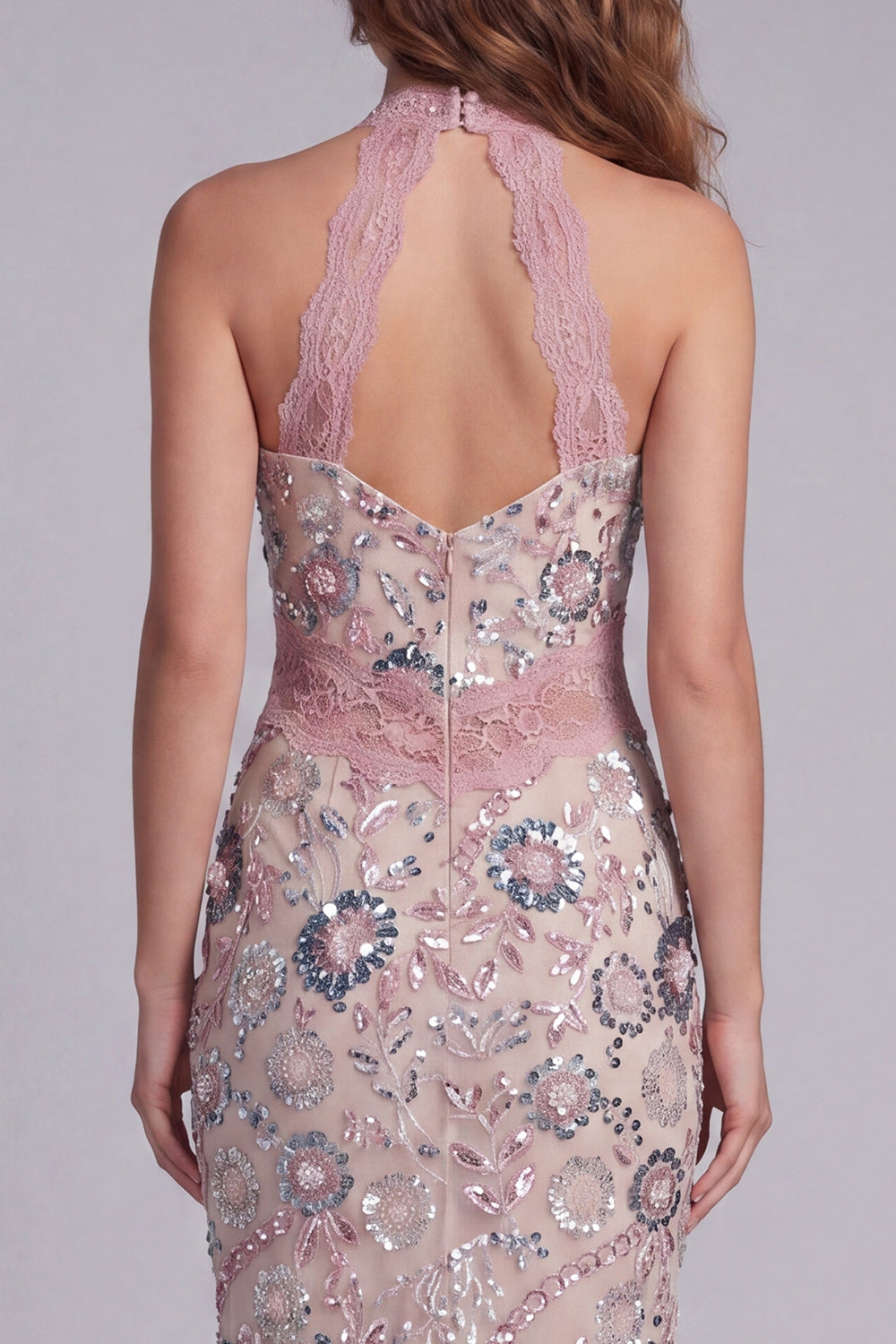 Sparkly Blush Sheath Beaded Maxi Halter Floral Cocktail Dress with Lace