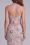 Sparkly Blush Sheath Beaded Maxi Halter Floral Cocktail Dress with Lace