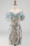 Sparkly Dusty Blue Beaded Strapless Tight Short Cocktail Dress with Ruffles
