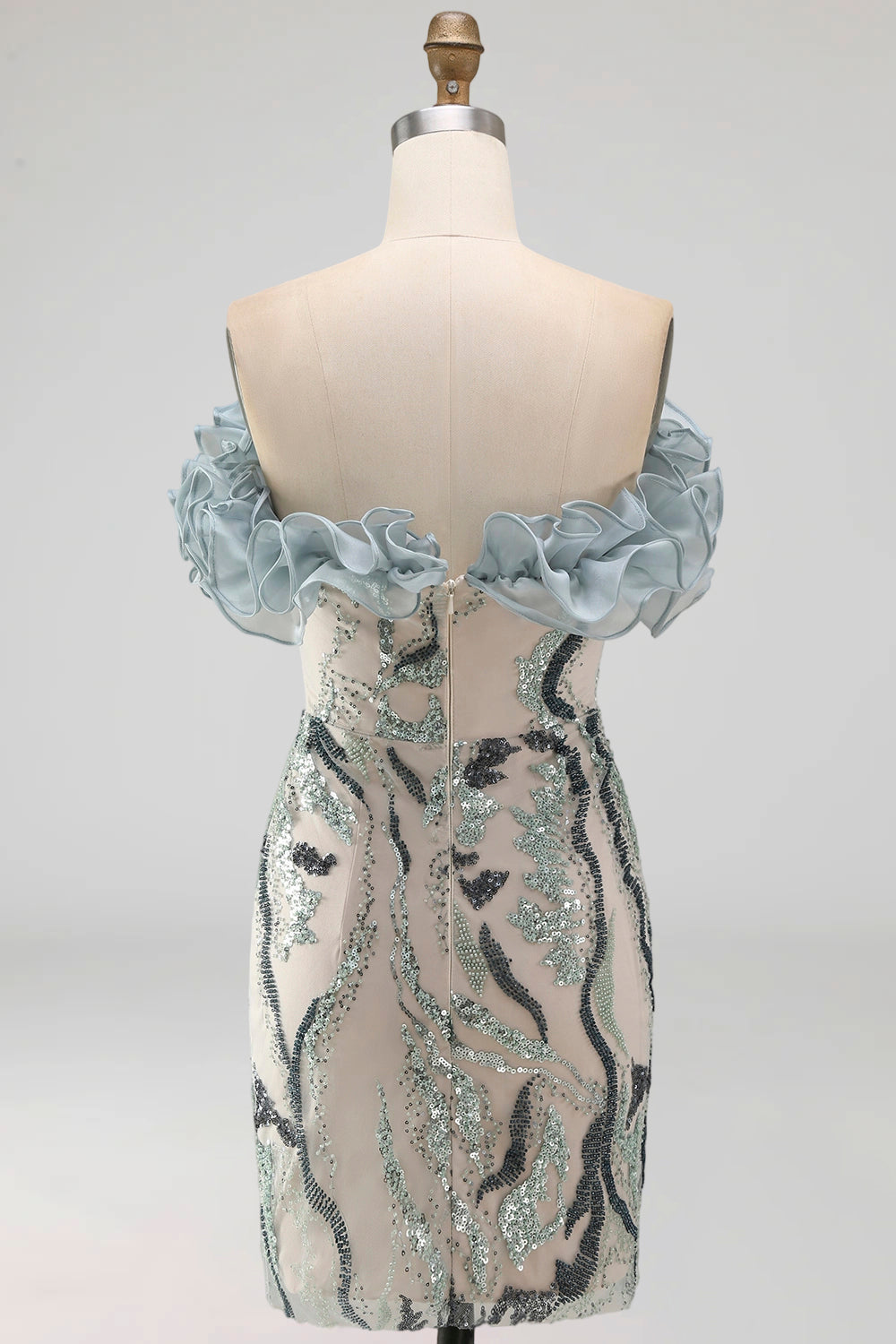 Sparkly Dusty Blue Beaded Strapless Tight Short Cocktail Dress with Ruffles