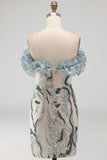 Sparkly Dusty Blue Beaded Strapless Tight Short Cocktail Dress with Ruffles