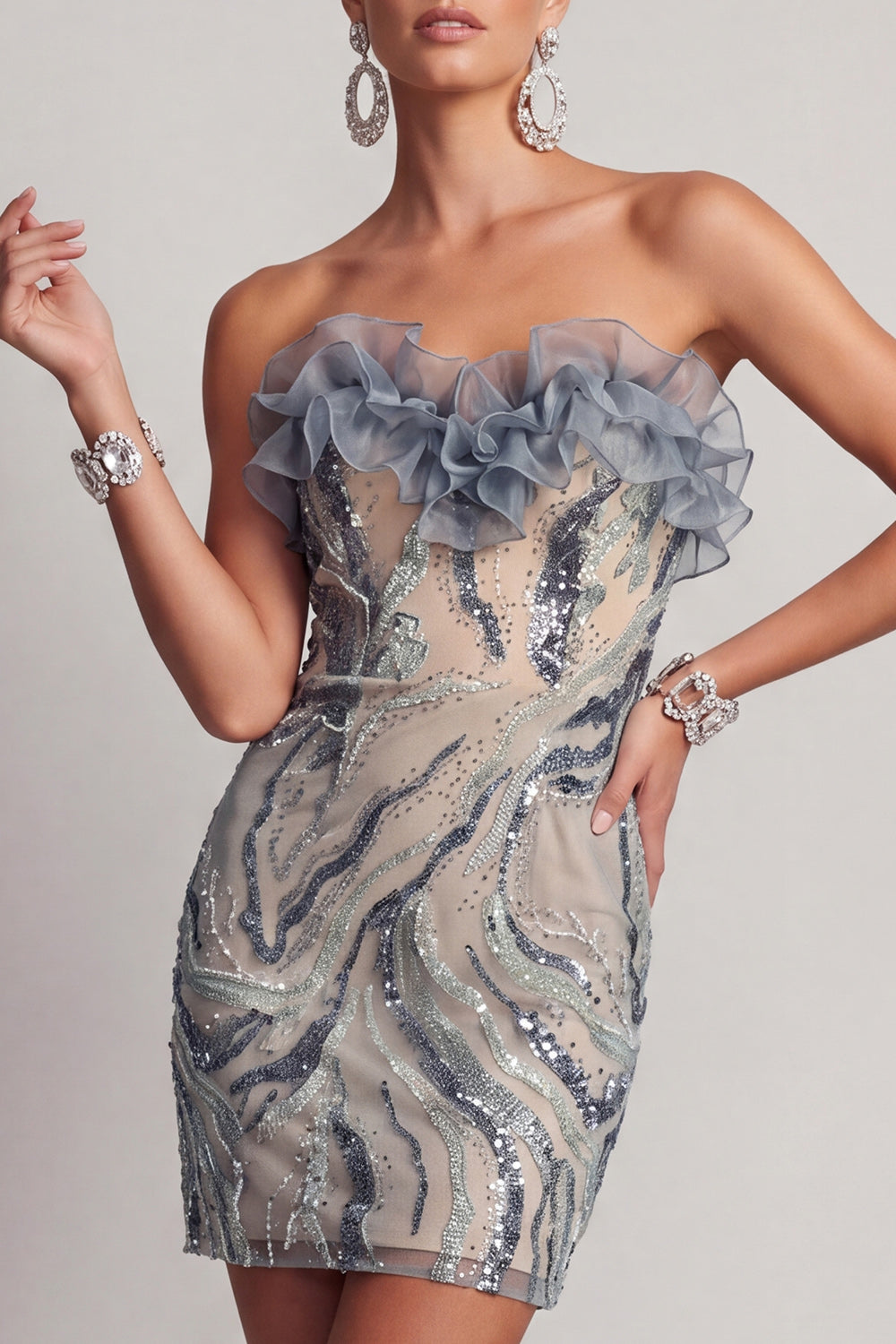 Sparkly Dusty Blue Beaded Strapless Tight Short Cocktail Dress with Ruffles